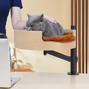 Cat Bed Desk with Pet Mat, Cat Hammock for Desk, ZBUQ Cat Bed Desk with Wooden Bowl, 360° Rotation and Adjustable Height, Light Brown