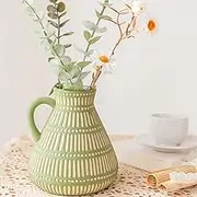 VASEFORU Green Ceramic Boho Vase, Distressed Farmhouse Décor, Pottery Decorative Flower Vase for Home Decor, Table, Living Room Decor, Shelf Decor 6 Inches