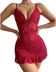 KOEMCY Dessous Damen Sexy Unterwäsche Spitze Nachtwäsche Tiefer V Ausschnitt Flirty Erotische Kleid Teiltransparent Verstellbare Lingerie mit Tanga für Valentinstag