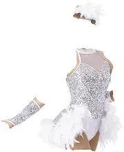 [Generic] Hem Dance Dress for Girl Women Sequins Ballroom Stage Costume Competition Performance Dynamic Dance Apparel Wear
