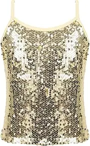 [Moggemol] Kids Girls Sparkle Sequins Dance Tops Camisole Shirt Tank Top for Jazz Modern Dance Cheer Performance