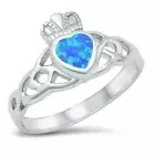 Claddagh Ring Genuine Sterling Silver 925 Blue Lab Opal Face Height 11 mm Size 8