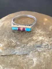 Turquoise, Opal & Purple Stone Navajo Sterling Silver Inlay Ring Size 6 11148