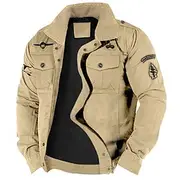Men's Cotton Embroidered Military Jacket Cargo Jacket with Shoulder Straps Long Sleeve Standing Collar Multi-Pockets Coat Trucker Jacket Western Cow Print Tact
