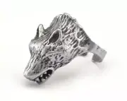 Wolf Beast Adjustable Ring Antique Silver Plated Brass (19mm 8.5US size) 2886