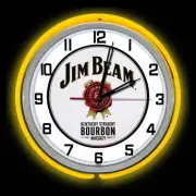 15" Jim Beam Bourbon Sign Neon Clock, Two Neon Tubes, Yellow Outside Tube
