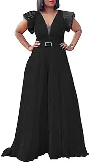 [GHAKKE] 2025 Women's Sexy Deep V Neck Pleated Long Pants Flowy Jumpsuit Ruffle Cap Sleeves Wide Leg Trousers Rompers With Belt