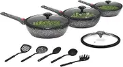 Avilia 12-Piece Grey Non-Stick Frying Pan Set - Stone Effect with Removable Handles | Kitchen Utensils with Glass Lids | Can be Used on Induction, Gas and Oven