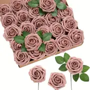 NNETM 25pcs Retro Pink Artificial Roses | Dusty Rose Real Touch Simulation Flowers
