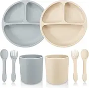 Baby Crockery Set, 8-Piece Children's Crockery Set, 2 Baby Spoons, 2 Forks, 2 Drinking Cups, 2 Silicone Baby Plates with Suction Cup, Baby LED Weaning Cutlery Set, BPA-Free, Dishwasher and Microwave