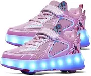 [RDJSHOP] Kids LED Roller Skate Shoes with Double-Row Wheel USB Charge Light up Roller Shoes Girls Boys, Outdoor Luminous Flash Technical Skateboarding Shoes,Pink-12LittleKid