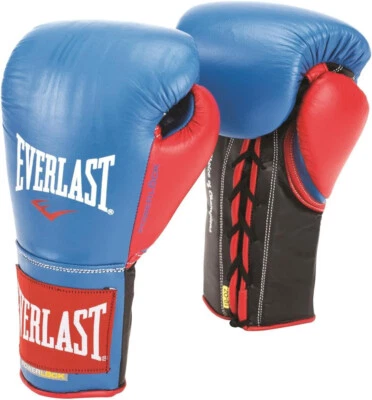 Everlast PowerLock Pro Lace Up Fight Gloves 10oz L/XL Premium Leather Blue/Red