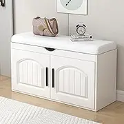 2-Tier Storage Bench, Shoe Bench with Thickened Padded Seat Cushion, Entryway Bench with 2 Doors, for Entryway, Living Room, Bedroom, White(European Style,100x32x50cm)