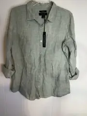 Tahari Womens Shirt Large Green 100% Linen Button Front Top Vacation Coastal