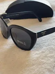 Prada Sunglasses SPR16X 1AB-5S0 Shiny Black Cat Eye Frames w/Black Lenses