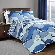 Lush Decor 16T003162 Blue Shark Allover Quilt | Fish Ocean Wave Reversible 3 Piece Bedding Set-Full Queen