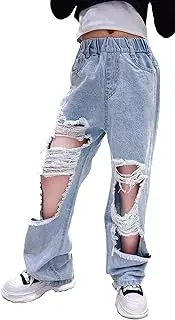 [Happy Cherry] Girls Jeans Kid Denim Pants Loose Wide-Leg Ripped Pant Child Baggy Trousers Outfits Elasticated High-Waisted Straight Jeans Light Blue Fashion Casual Cute with Pockets Age 5-15 Years