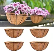 LaLaGreen Wall Planters for Outdoor Plants, 4 Pack, 12 Inch Half Round Plant Holder with Coco Liner, Metal Wire Flower Herb Baskets Window Boxes Outside Fence Railing Pots Deck Porch Balcony Garden