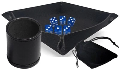 Set (6) 16mm Transparent Blue Dice w/Pouch + Dice Rolling Tray + Dice Cup Bundle