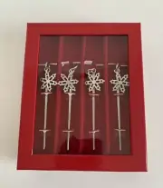 NIB Set 4 Crate & Barrel Silver Metal Snowflake Cocktail Appetizer Picks Skewers