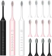SUNPRO 3 Pack Sonic Electric Toothbrush, Rechargeable Toothbrush with 2 Minute Built-in Timer, 6 Clean Modes 3 Strengths(18 Grades), 42000vpm 12 Brush Heads (Black+Pink+White)