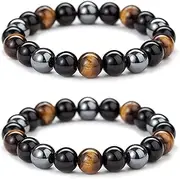[WEFRIN] Triple Protection Bracelet for Bring Luck and Prosperity Hematite Black Obsidian Tiger Eye Stone Bracelets for Men Women, Beaded Buddha Healing Rope Uni Bracelet (2pcs)