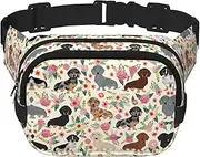 [YANYU] Dachshund Floral Print Square Double Layer bag Waist Bag Trendy Pack Travel Bag with Adjustable Bel, Black, One Size