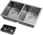 ALFORDSON Stainless Steel Kitchen Sink with Double Bowls & Waste Strainers, 770mm x 450mm x 205mm, Water Basin Sinks with 3mm Thick Edge, Dishwashing Workstation, Silver Color