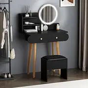 ALFORDSON Dressing Table and Makeup Stool Set Black Colour, Vanity Desk with LED Mirror & Drawers, Dresser Organiser for Women Bedroom Dress Room