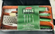 NEW Vintage Coleman Grill Tool Set in Metal Box Meat Fork Spatula Basting Brush