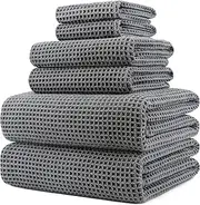 Polyte Microfibre Oversize, 76 x 152 cm, Quick Dry Lint Free Bath Towel Set, 6 Piece (Grey, Waffle Weave)