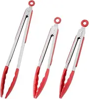 Kitchen Tongs Set of 3, Grilling Cooking Tongs with Silicone Tips, Stainless Steel Food Clips for Cooking, BBQ, Serving, Salad, 7/9/12 Inch, Red
