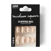 OXX Cosmetics 24 Pack Artificial Nails with Adhesive - Medium Square Shape, Nude and Gold