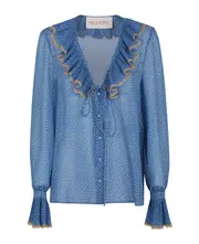 [VALENTINO] POLKA-DOTS SILK SHIRT WITH LACE PROFILE 42 BLUE
