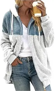 [Generic] Women's Fleece Jacket with Hood Y2K Hoodie Oversize Transition Jacket Colour Block Hooded Jacket Zip Winter Coat Thick Hoodie Casual Jackets Sweatshirt for Women, White-a, Large