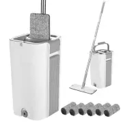 Flat Mop and Bucket Floor Mop Cleaning Mop Wet Dry Rinse Wash 6 Microfiber Pads