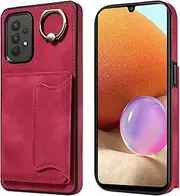 Phone Case Cover Bundles Compatible with Samsung Galaxy A32 4G Wallet Case Leather Protective Case with Card Holder, 360° Rotation Ring Kickstand PU Leather Double Magnetic Clasp Shockproof Cover(Red)
