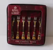 Royal Albert Old Country Roses 6 Cocktail Seafood Forks Gold Acccent
