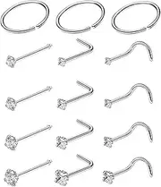 [FeiOne] 15 Piece Nostril Piercing Set with Nose Piercing Ring + Nose Piercing Stud Surgical Steel Hypoallergenic - Nose Piercing Accessories for Durable Wear and Stylish Outfits 18/20G, S, Stainless
