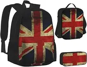 [ERCgad] British Flag Print Canvas 3-In-1 School Bags Set Backpack Lunch Bag Pencil Case Combo For Men Women, Black, One Size