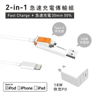 GDMALL 蘋果傳輸快充組 -1.2米 TYPE-C對 Lightning快充傳輸線 x 專利USB接頭 x 18W PD 3.0 充電器