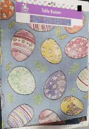 Long Tapestry Table Runner, 13"x70", EASTER, MULTICOLOR EGGS ON LIGHT BLUE, GR