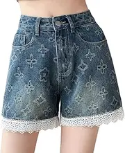 [kakarin choyx] Y2K Casual Women's High Waisted Jeans Shorts Fashion Vintage Cute Lace Printed Patchwork Denim Short