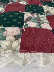 Quilted Tree Skirt 43” Poinsettia Block Patchwork Red Green Lace Octagon Holiday
