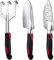 Garden Tools Set 3 Pack Gardening Include Garden Shovel Transplant Trowel and Hand Rake with Ergonomic Non-Slip Handle for Women Men Mom or Dad Hand Tools Kit (3 Pieces Red)