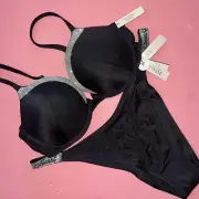 Victoria's Secret 36D PUSH UP BIKINI M bottom BLACK Silver SHINE STRAP
