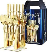 24-Piece Gold Silverware Set, Mirror Polished Gold Stainless Steel Cutlery Set with holder, Hanging Flatware Set Service for 6, Include Dinner Knife,Fork,Spoon for Home Hotel, Dishwasher Safe