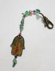 Michal Negrin Romantic HAMSA VTG KEYCHAIN flowers and leaves Israel