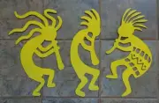 Set of 3 Kokopelli Musicians Fertility Metal Wall Art Each 18" T Yellow Finish