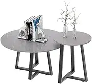Nesting Coffee Table Center Table Set of 2 Luxury Accent Round Table Grey Sintered Stone Table Top Marble Natural Texture with Stable Metal Legs,Center Table for Living Room High-end Furniture